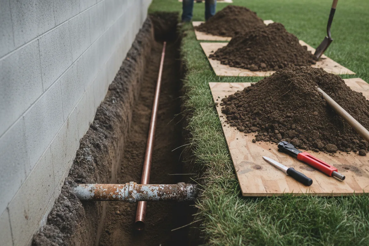 Excavated water line trench during Water Heater Repair in Vevay